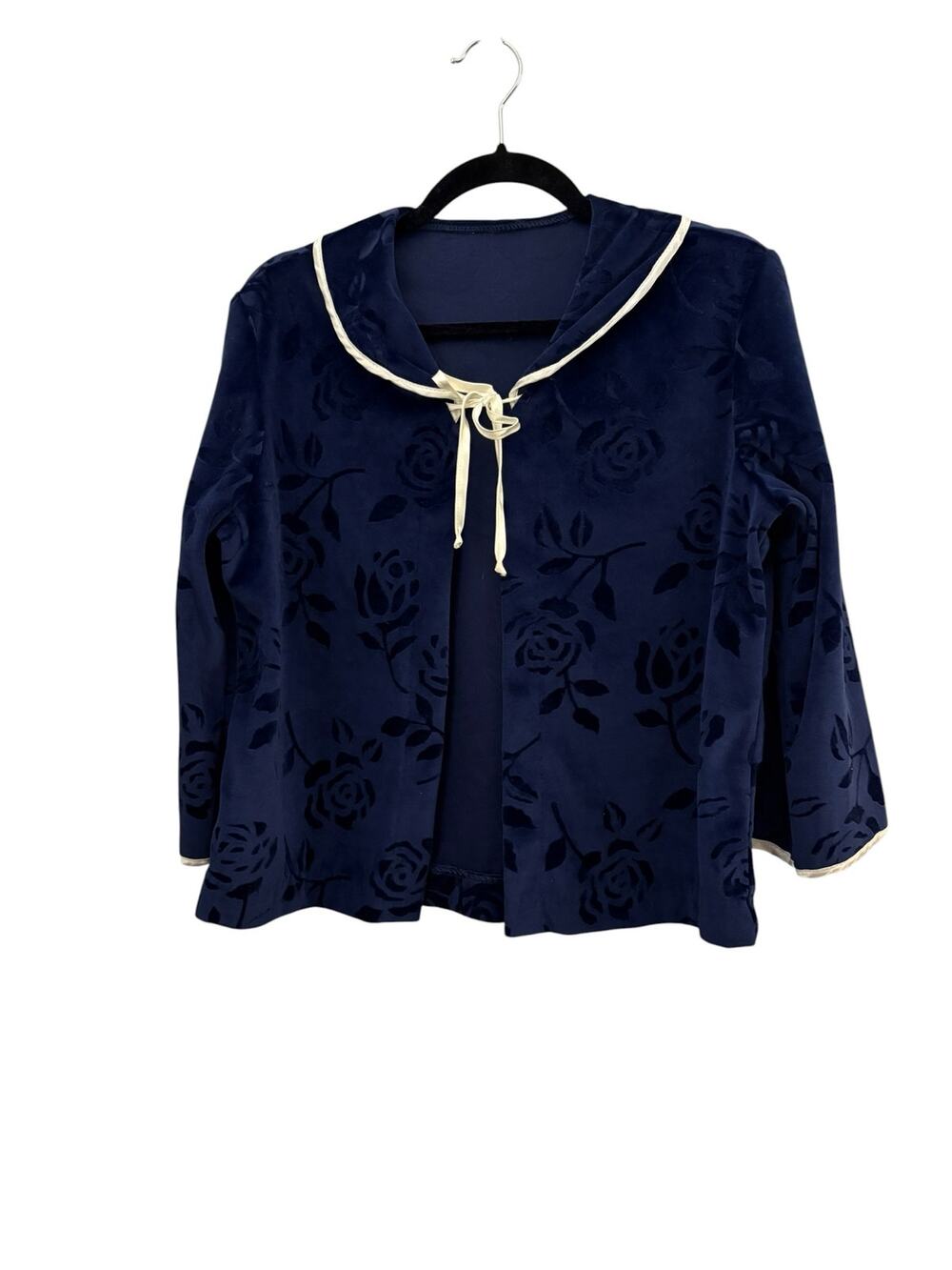 Vintage Blue Bed Jacket Flocked Rose Print Sailor Collar Tie Front Loungewear